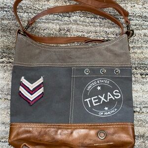 Brown and Gray Canvas Leather Messenger Bag with Texas Patch (P)